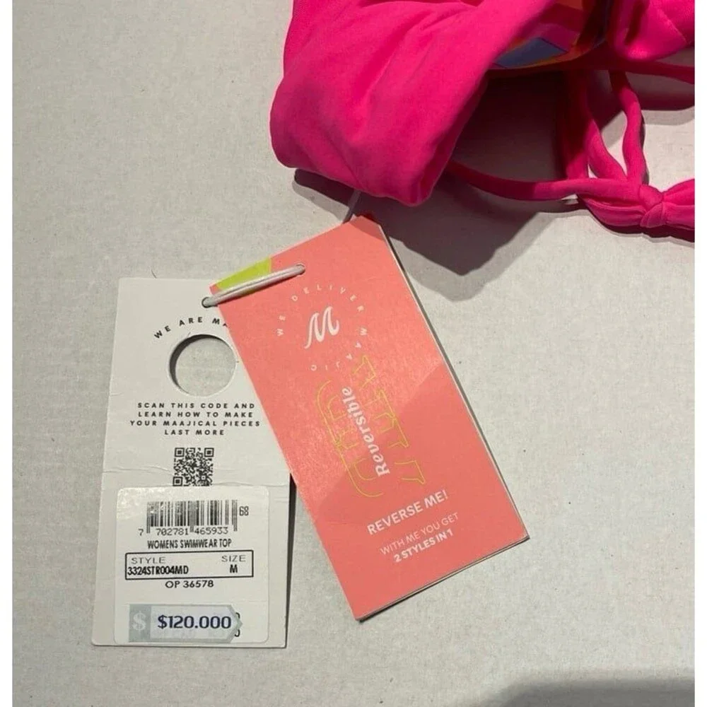 Maaji Dragon Fruit Shine Long Line Triangle Reversible Bikini Top Size M New